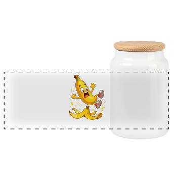 Jumping Banana Cartoon - Panoramic Cookie Jar with Wooden Lid - white - Front