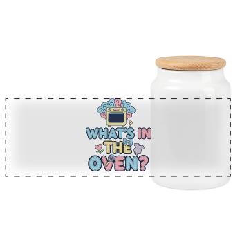 Gender Reveal Whats In The Oven Baby Shower Team - Panoramic Cookie Jar with Wooden Lid - white - Front