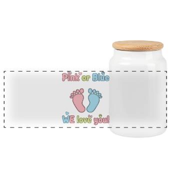 Geschlechterenthüllung Pink oder Blau Wir lieben dich Babyparty - Panorama Keksdose mit Holzdeckel - Weiß - Vorne