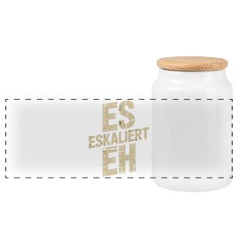Es eskaliert EH – Distressed Text - Panorama Keksdose mit Holzdeckel - Weiß - Vorne
