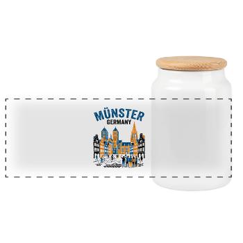 Münster Germany Skyline With Cyclists And Tourists - Panoramic Cookie Jar with Wooden Lid - white - Front