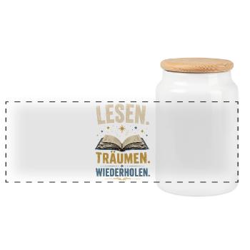 Lesen Träumen Wiederholen Shirt - Panorama Keksdose mit Holzdeckel - Weiß - Vorne