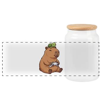 Capybara and Turtle Gaming Cute   - Panoramic Cookie Jar with Wooden Lid - white - Front