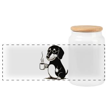Dog with coffee - Panoramic Cookie Jar with Wooden Lid - white - Front