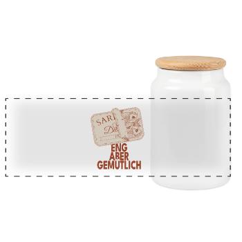 Eng aber gemütlich Sardinen Design - Panorama Keksdose mit Holzdeckel - Weiß - Vorne