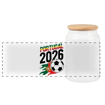 Portugal 2026 Fußball Flamme mit Flagge - Panorama Keksdose mit Holzdeckel - Weiß - Vorne