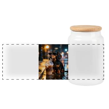 Dachshund with sunglasses tinking iced coffee - Panoramic Cookie Jar with Wooden Lid - white - Front