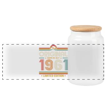 65th Birthday Gift Vintage July Vintage 1961 - Panoramic Cookie Jar with Wooden Lid - white - Front