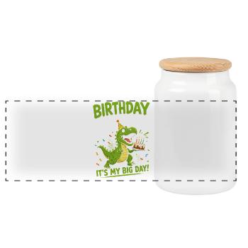 Birthday Saurus T-rex Dino Cake Party Roar - Panoramic Cookie Jar with Wooden Lid - white - Front