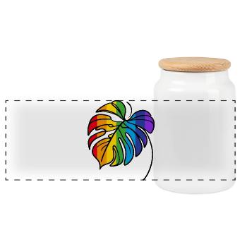 Monstera Rainbow - Panoramic Cookie Jar with Wooden Lid - white - Front