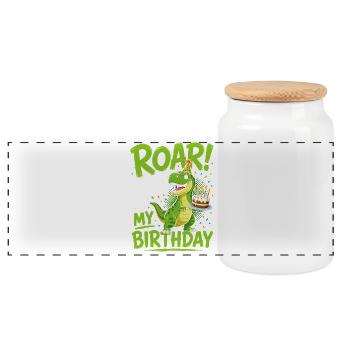 Roaring Today Is My Birthday T-Rex Dino Cake - Panoramic Cookie Jar with Wooden Lid - white - Front