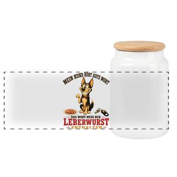 Mein Hund hört aufs Wort, mit Leberwurst - Panorama Keksdose mit Holzdeckel - Weiß - Vorne