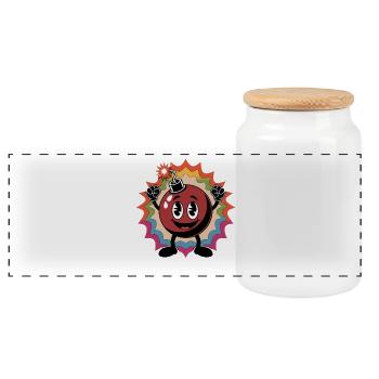 Cheerful cartoon bombshell with rainbow background - Panoramic Cookie Jar with Wooden Lid - white - Front