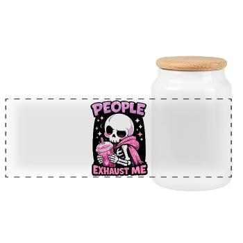 People Exhaust Me Skull Introvert Humor - Panoramic Cookie Jar with Wooden Lid - white - Front