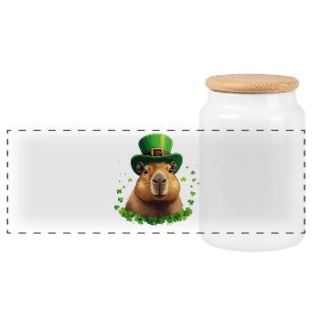 Shamrock Capybara under St Patrick's Hat - Panoramic Cookie Jar with Wooden Lid - white - Front