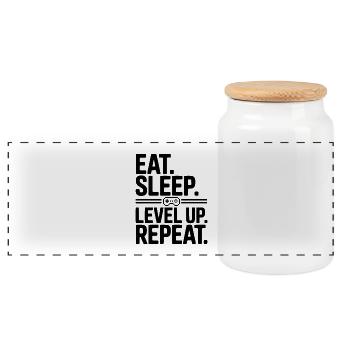 Eat. Sleep. Level Up. Repeat. - Panoramic Cookie Jar with Wooden Lid - white - Front