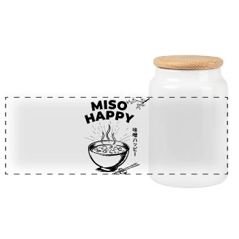 Miso Happy Spruch Glückskatze Kirschblüten Grafik - Panorama Keksdose mit Holzdeckel - Weiß - Vorne