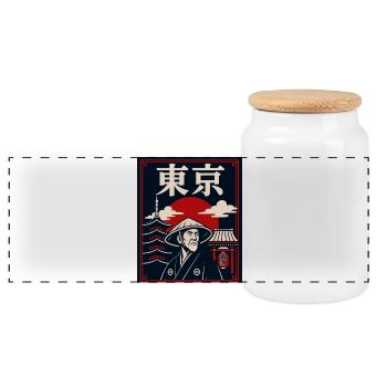 Tokyo Sonnenuntergang Samurai - Panorama Keksdose mit Holzdeckel - Weiß - Vorne