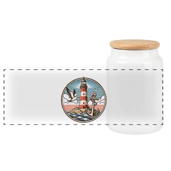 Lighthouse by the sea coastal motif - Panoramic Cookie Jar with Wooden Lid - white - Front