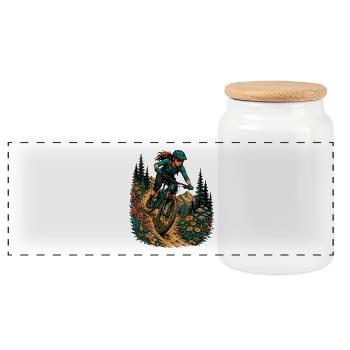 MTB Woman Trail Flowers Mountains Biker Nature Outdoors - Panoramic Cookie Jar with Wooden Lid - white - Front