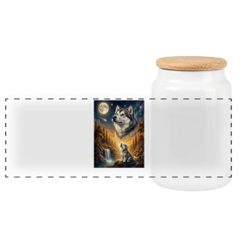 Hurler à la Lune Chien Mème d’Alaska - Boîte à biscuits avec couvercle en bois - blanc - Devant