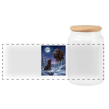 Hurlant au chien de la Lune American Water Spaniel - Boîte à biscuits avec couvercle en bois - blanc - Devant