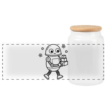 Robot Toy Children's Birthday Nerd Baby - Panoramic Cookie Jar with Wooden Lid - white - Front