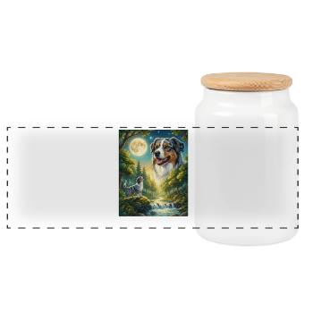 Chien Hurlant à la Lune Berger Australien - Boîte à biscuits avec couvercle en bois - blanc - Devant