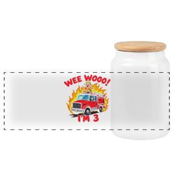 Toddler Fire Truck 3rd Birthday Three - Panoramic Cookie Jar with Wooden Lid - white - Front