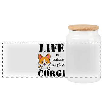 Life_is_better_with_corgi - Panorama Keksdose mit Holzdeckel - Weiß - Vorne