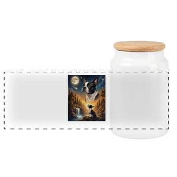 Hurler au mème de la lune Boston Terrier - Boîte à biscuits avec couvercle en bois - blanc - Devant