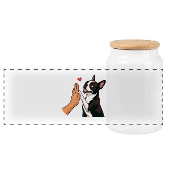 Boston Terrier High Five Hundemutter Pfotenstoß - Panorama Keksdose mit Holzdeckel - Weiß - Vorne