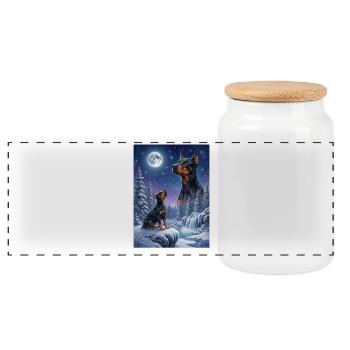 Doberman chien mème hurlant à la Lune - Boîte à biscuits avec couvercle en bois - blanc - Devant