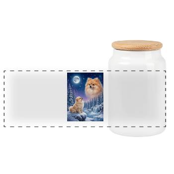 Howling to the Moon Meme Hund Zwergspitz - Panorama Keksdose mit Holzdeckel - Weiß - Vorne