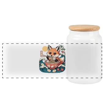 Cute Fox Eating Ramen Bowl Kawaii Kanji Waves - Panoramic Cookie Jar with Wooden Lid - white - Front