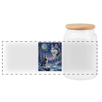 Hurlant vers le Mème de la Lune Siberian Husky - Boîte à biscuits avec couvercle en bois - blanc - Devant