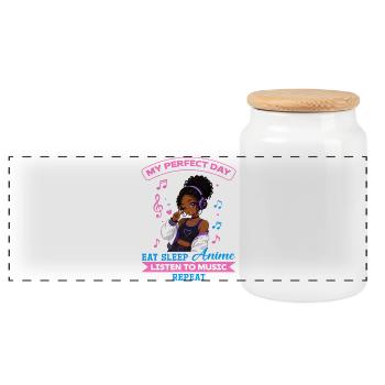 Anime and Music Chibi Black Girl - Panoramic Cookie Jar with Wooden Lid - white - Front