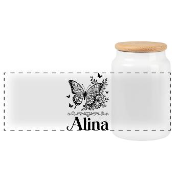 Don des Fleurs Papillon Nom Alina - Boîte à biscuits avec couvercle en bois - blanc - Devant