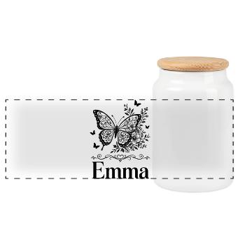 Emma First Name Butterfly Floral Gift - Panoramic Cookie Jar with Wooden Lid - white - Front