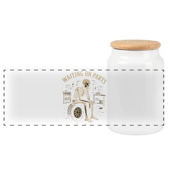Skeleton in the workshop – waiting for parts - Panoramic Cookie Jar with Wooden Lid - white - Front