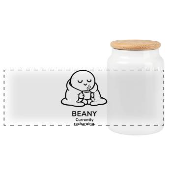 Beany – Currently Recharging | Cozy Coffee Mood - Panoramic Cookie Jar with Wooden Lid - white - Front