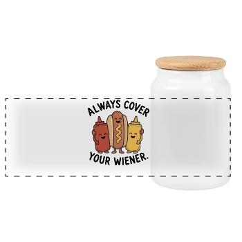 Always cover the Viennese! Funny hot dog - Panoramic Cookie Jar with Wooden Lid - white - Front