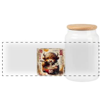 Highland Cow Ramen Vintage Poster Style - Panorama Keksdose mit Holzdeckel - Weiß - Vorne