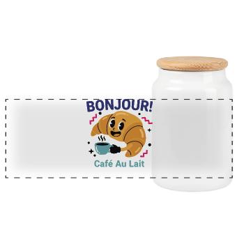 Breakfast Bonjour Cafe Au Lait Pancake Bacon - Panoramic Cookie Jar with Wooden Lid - white - Front