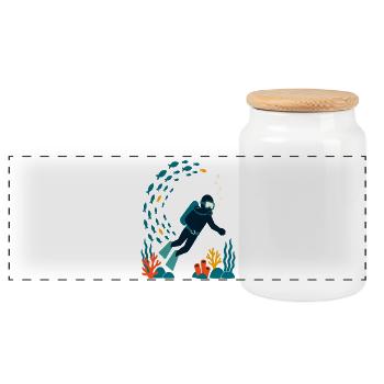 Underwater divers and colorful coral life - Panoramic Cookie Jar with Wooden Lid - white - Front