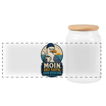 Möwe Erst Kaffee Dann Kreischen Shirt - Panorama Keksdose mit Holzdeckel - Weiß - Vorne