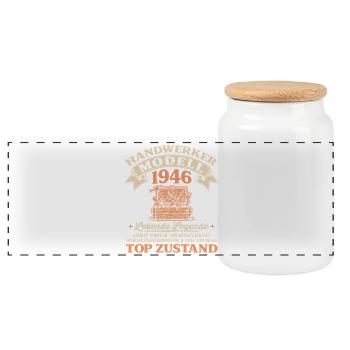 80. Geburtstag Handwerker Modell 1946 - Panorama Keksdose mit Holzdeckel - Weiß - Vorne