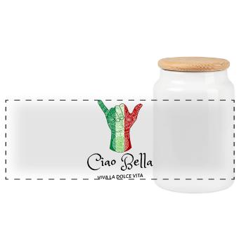 Italian Flag Tribal Horn Hand - Panoramic Cookie Jar with Wooden Lid - white - Front