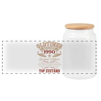 36. Geburtstag Geschenk Mann Oldtimer 1990 August - Panorama Keksdose mit Holzdeckel - Weiß - Vorne