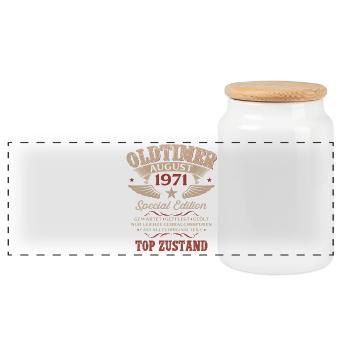 55. Geburtstag Geschenk Mann Oldtimer 1971 August - Panorama Keksdose mit Holzdeckel - Weiß - Vorne